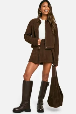 Clearance boohoo Vintage Look Faux Suede Collared Crop Jacket chocolate