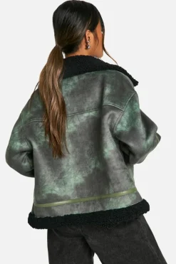 Fashion boohoo Vintage Look Teddy Trim Aviator Jacket green