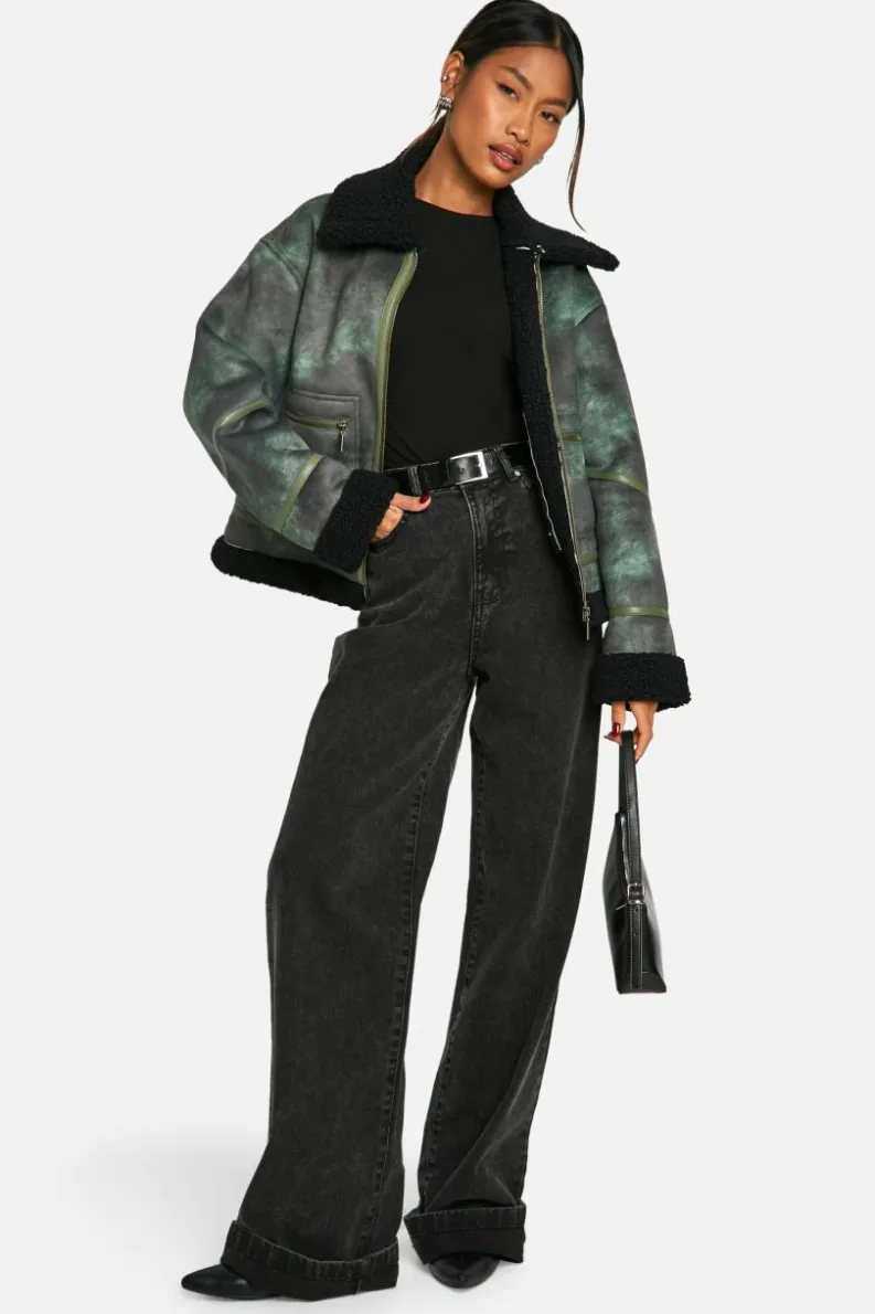 Fashion boohoo Vintage Look Teddy Trim Aviator Jacket green