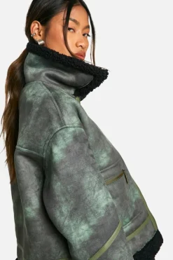 Fashion boohoo Vintage Look Teddy Trim Aviator Jacket green