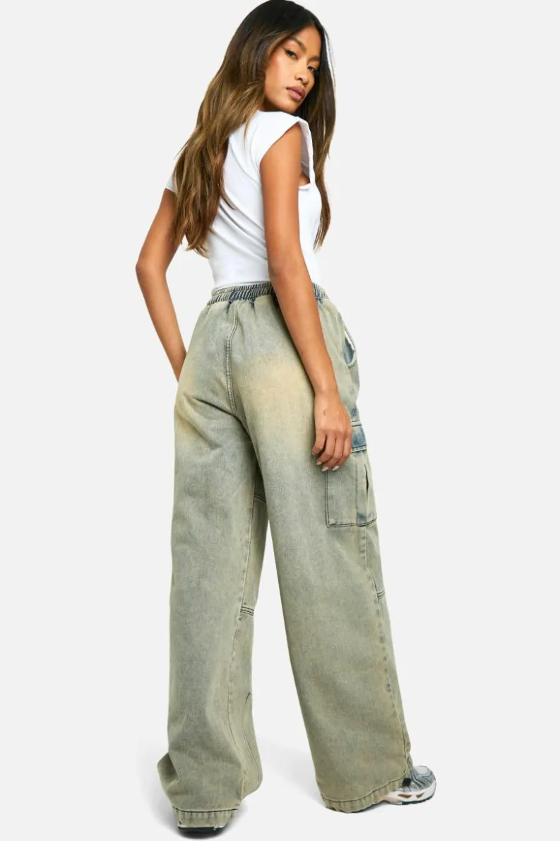 Sale boohoo Elasticated Waist Baggy Cargo Jeans vintage wash