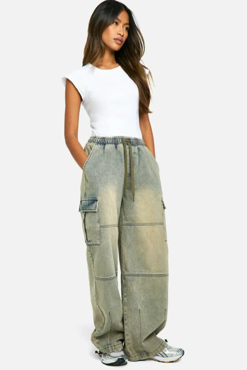 Sale boohoo Elasticated Waist Baggy Cargo Jeans vintage wash