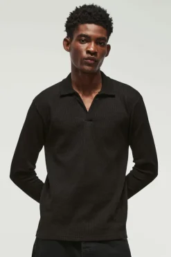 Discount boohooMAN V Neck Long Sleeve Jacquard Polo black