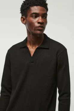 Discount boohooMAN V Neck Long Sleeve Jacquard Polo black