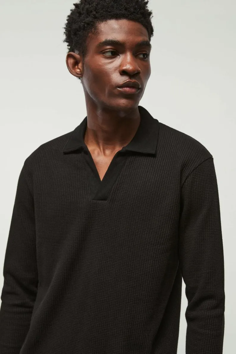 Discount boohooMAN V Neck Long Sleeve Jacquard Polo black