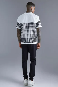 Outlet boohooMAN V Neck Striped Knitted Polo white