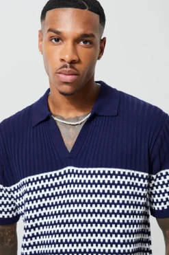 Hot boohooMAN V Neck Striped Knitted Polo navy