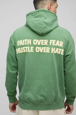 Shop boohooMAN Washed Faith Over Fear Text Puff Print Graphic Hoodie forest