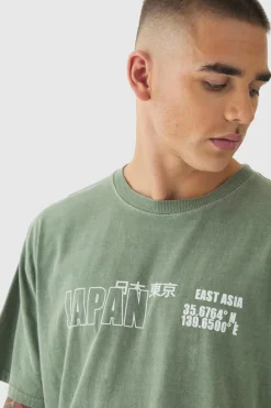 Outlet boohooMAN Washed Japan Back Print T-Shirt sage