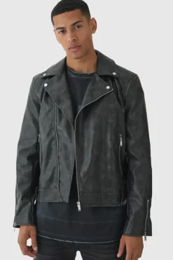 Store boohooMAN Washed Pu Biker Jacket In black
