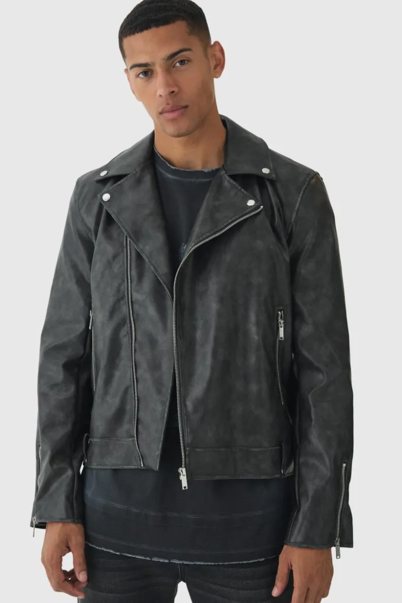 Store boohooMAN Washed Pu Biker Jacket In black