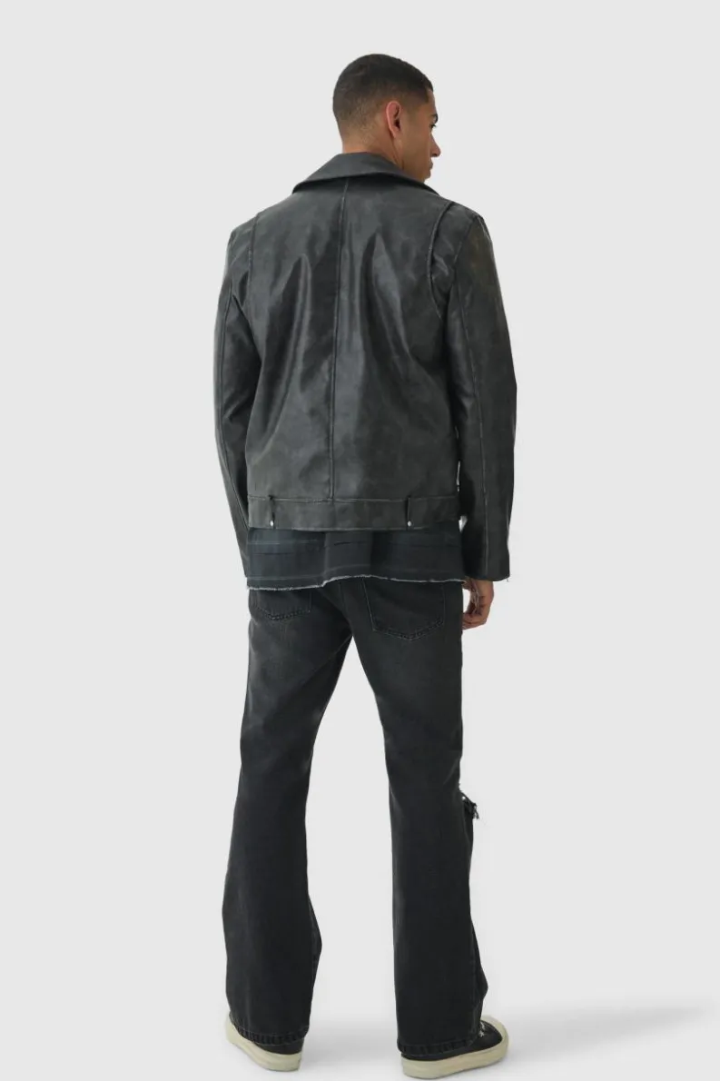 Store boohooMAN Washed Pu Biker Jacket In black