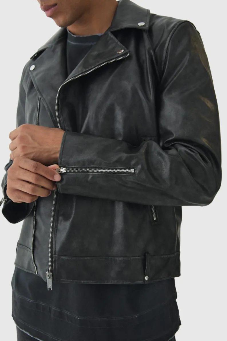 Store boohooMAN Washed Pu Biker Jacket In black