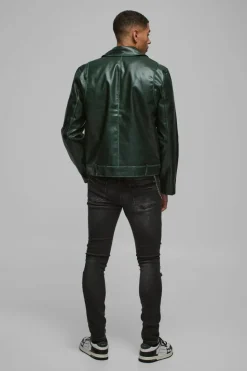 Store boohooMAN Washed Pu Biker Jacket In green