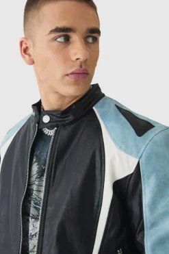 New boohooMAN Washed Pu Panel Moto Jacket In black