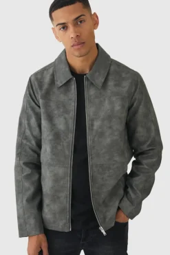 New boohooMAN Washed Pu Zip Through Harrington Jacket In grey