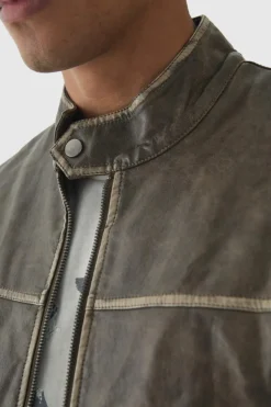 Discount boohooMAN Washed Seam PU Biker Jacket In sage