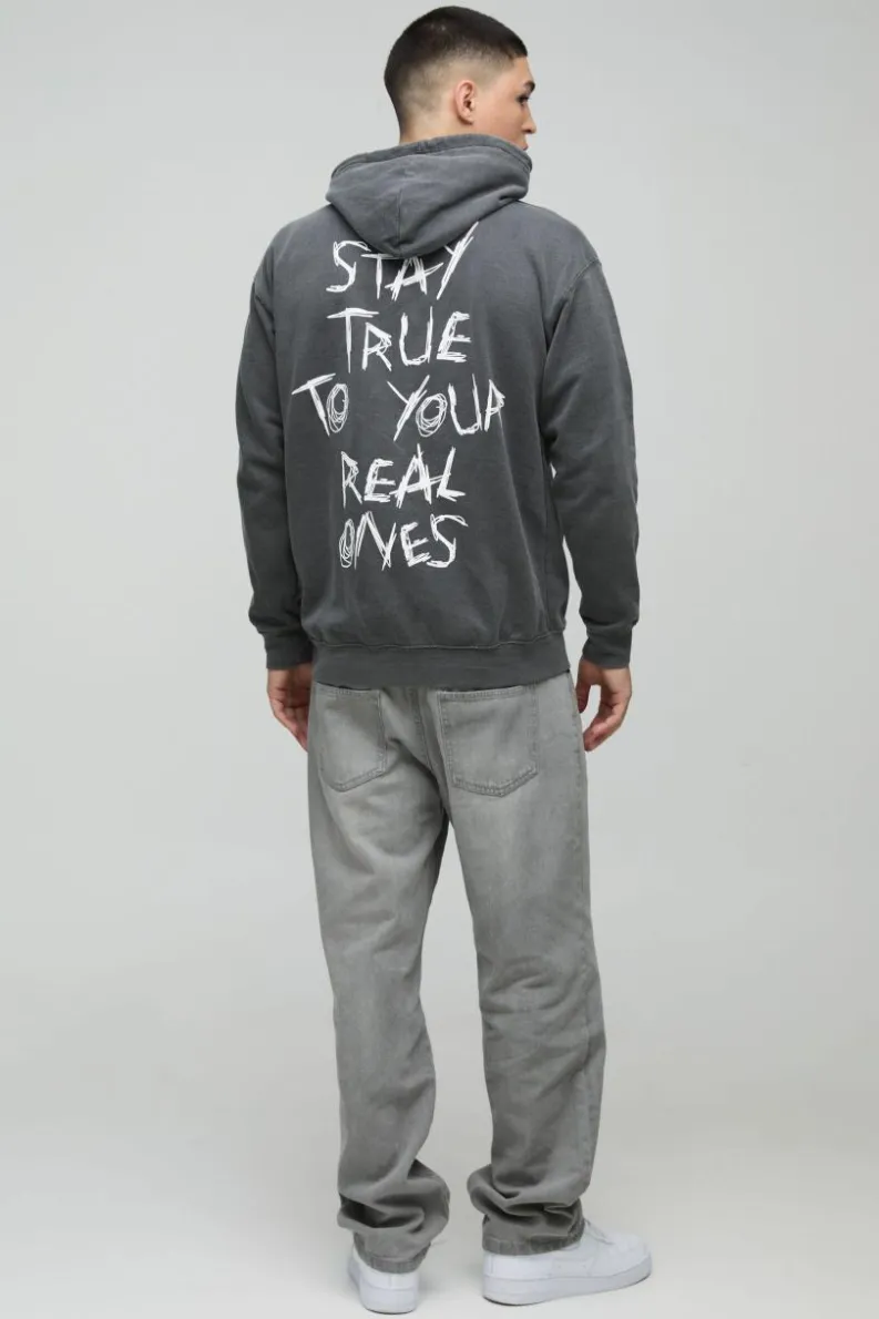 Store boohooMAN Washed Stay True Text Graphic Hoodie charcoal