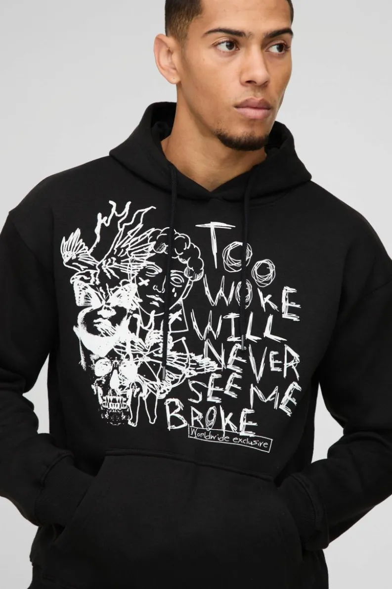 Best Sale boohooMAN Washed Too Woke Graphic Hoodie black