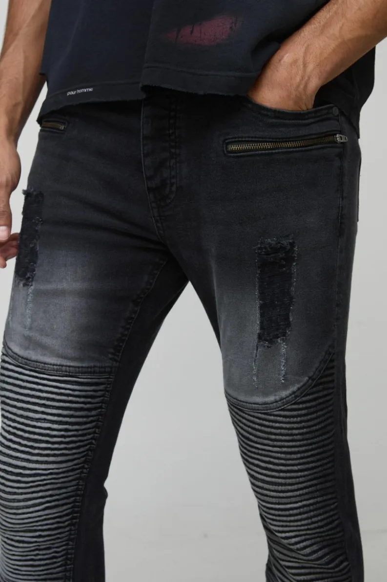 Hot boohooMAN Washed Zip Biker Distressed Skinny Jeans washed black