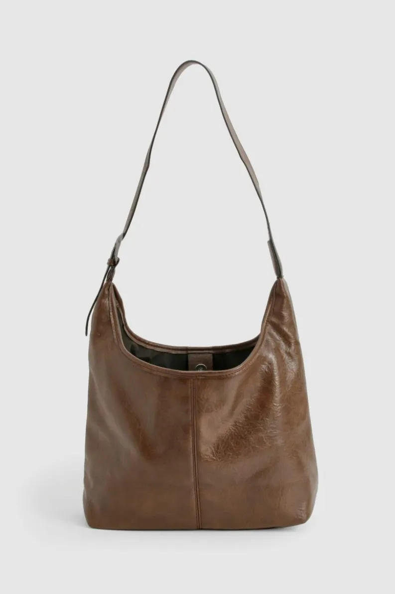 Store boohoo Western Buckle Slouchy Tote Bag dark brown