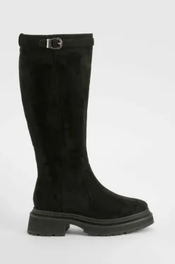 Store boohoo Wide Fit Buckle Detail Chunky Knee High Boots black