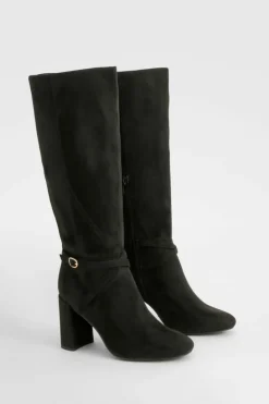 Store boohoo Wide Fit Buckle Detail Heeled Knee High Boots black