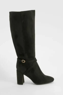 Store boohoo Wide Fit Buckle Detail Heeled Knee High Boots black