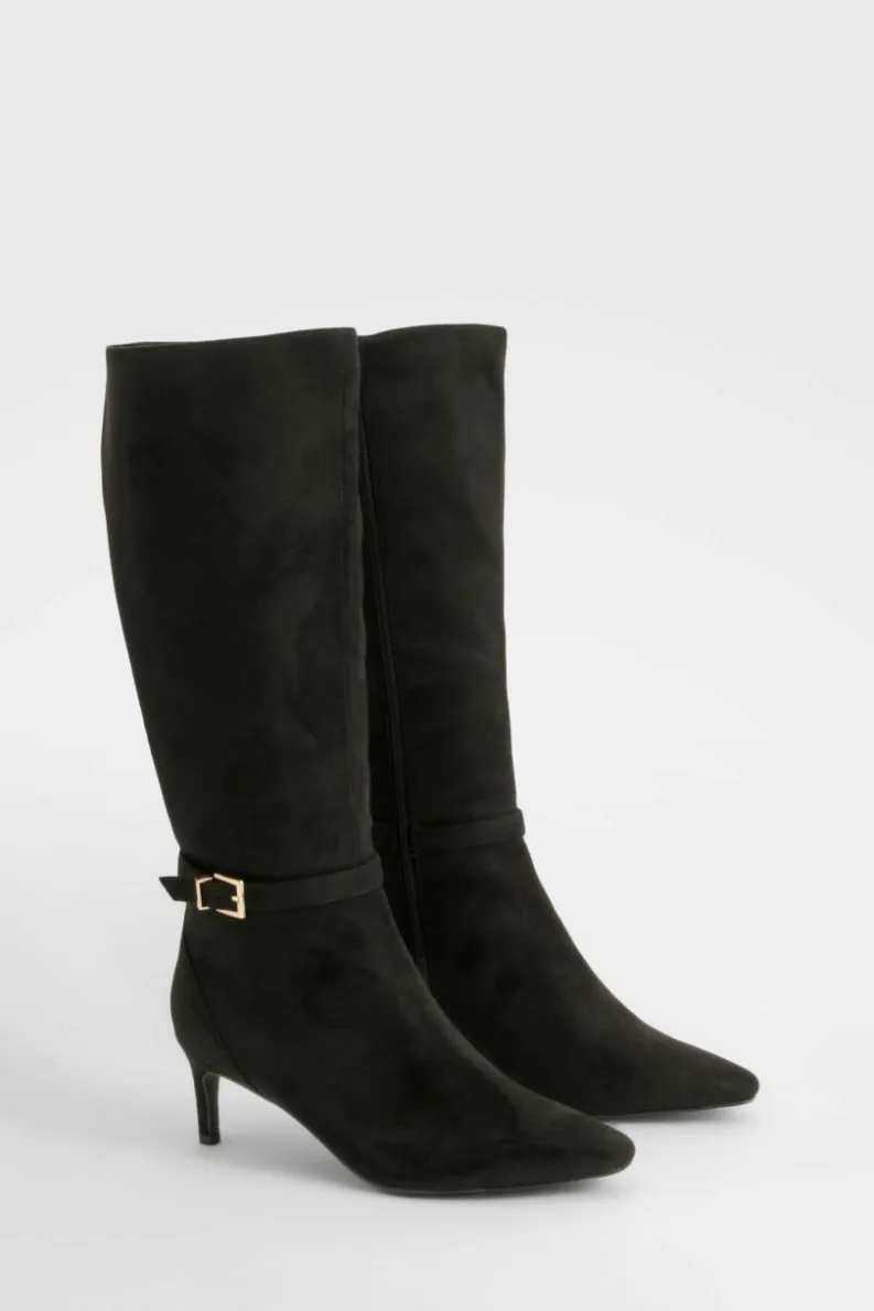 Fashion boohoo Wide Fit Buckle Detail Low Heel Knee High Boots black