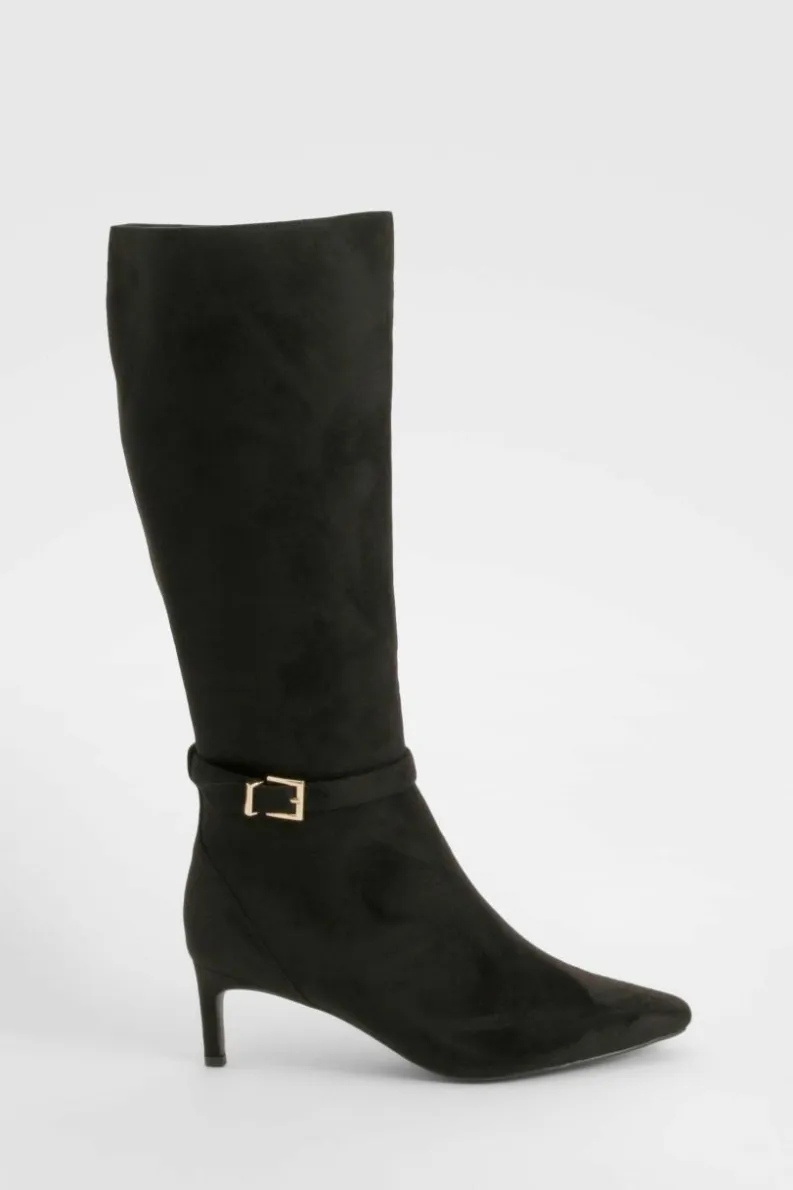 Fashion boohoo Wide Fit Buckle Detail Low Heel Knee High Boots black