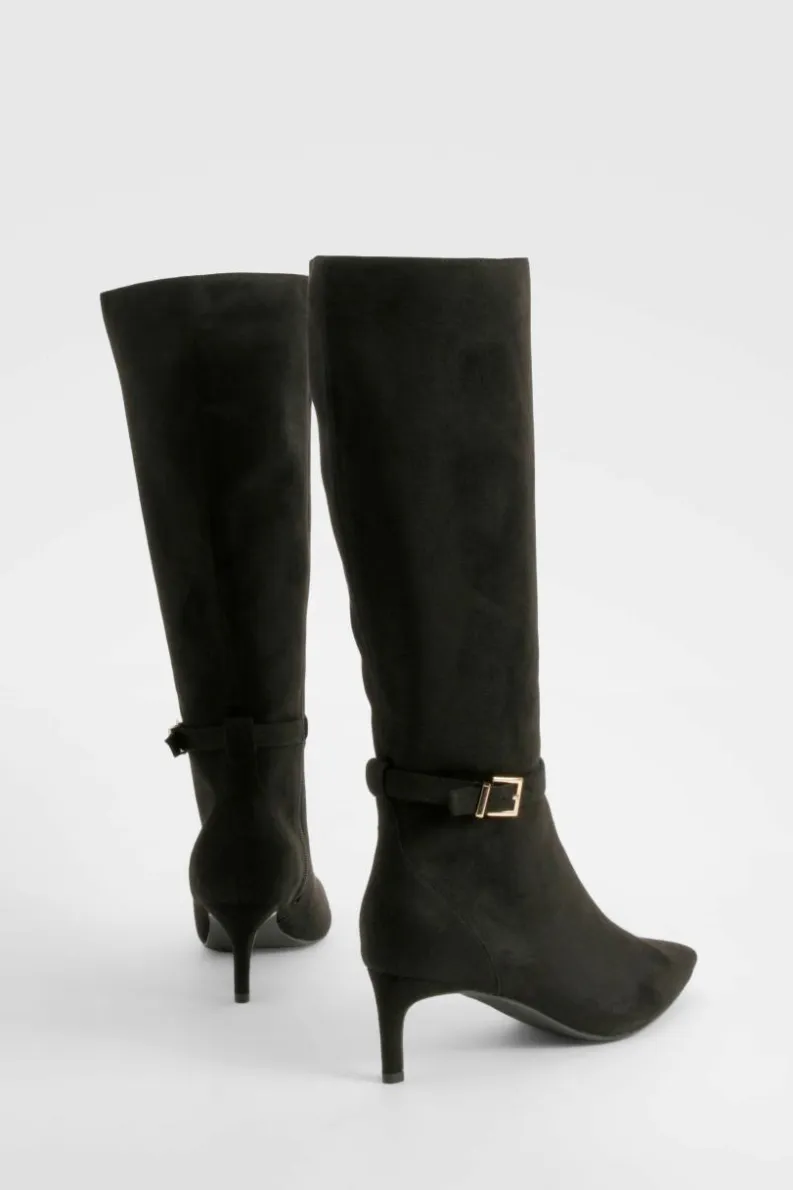 Fashion boohoo Wide Fit Buckle Detail Low Heel Knee High Boots black