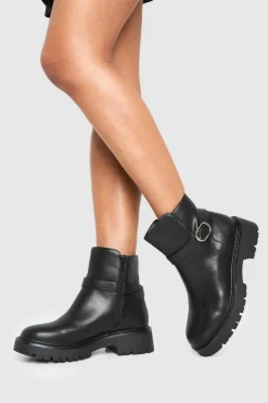 Shop boohoo Wide Fit Chunky Buckle Detail Chelsea Boots black