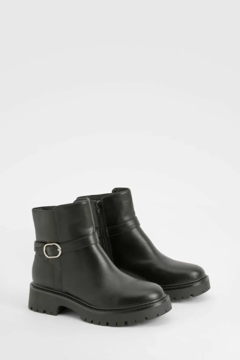 Shop boohoo Wide Fit Chunky Buckle Detail Chelsea Boots black