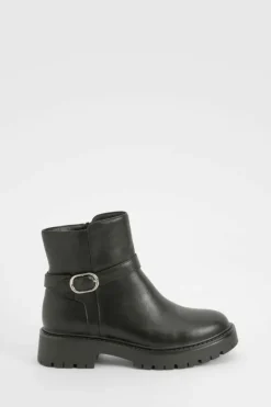 Shop boohoo Wide Fit Chunky Buckle Detail Chelsea Boots black