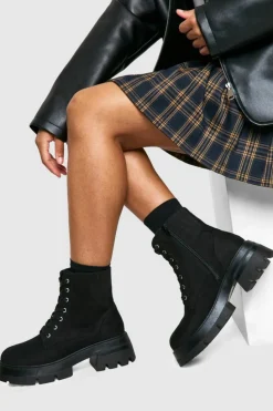 Outlet boohoo Wide Fit Chunky Platform Heeled Lace Up Ankle Boot black