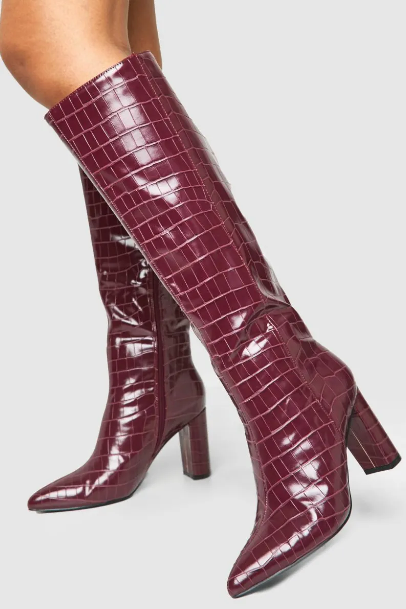Online boohoo Wide Fit Croc Pointed Knee High Heeled Boots oxblood