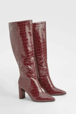 Online boohoo Wide Fit Croc Pointed Knee High Heeled Boots oxblood