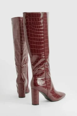 Online boohoo Wide Fit Croc Pointed Knee High Heeled Boots oxblood
