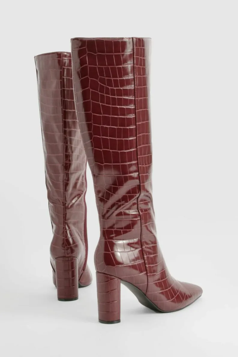 Online boohoo Wide Fit Croc Pointed Knee High Heeled Boots oxblood