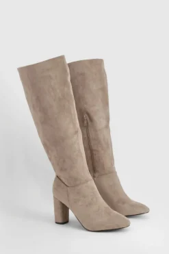 Online boohoo Wide Fit Faux Suede Block Heel Knee High Boots taupe