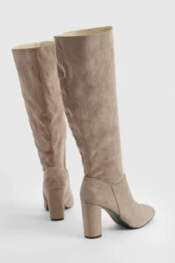 Online boohoo Wide Fit Faux Suede Block Heel Knee High Boots taupe