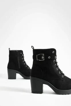 Online boohoo Wide Fit Faux Suede Buckle Lace Up Chunky Hiker Boots black