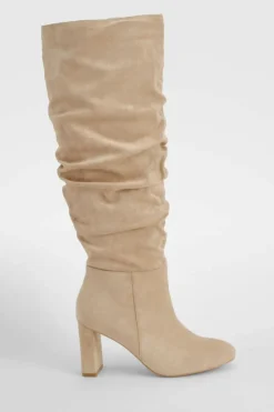 Online boohoo Wide Fit Faux Suede Ruched Detail Block Heel Boots sand