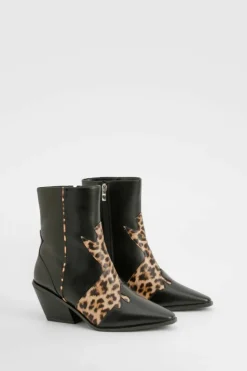 Store boohoo Wide Fit Leopard Detail Western Boot black