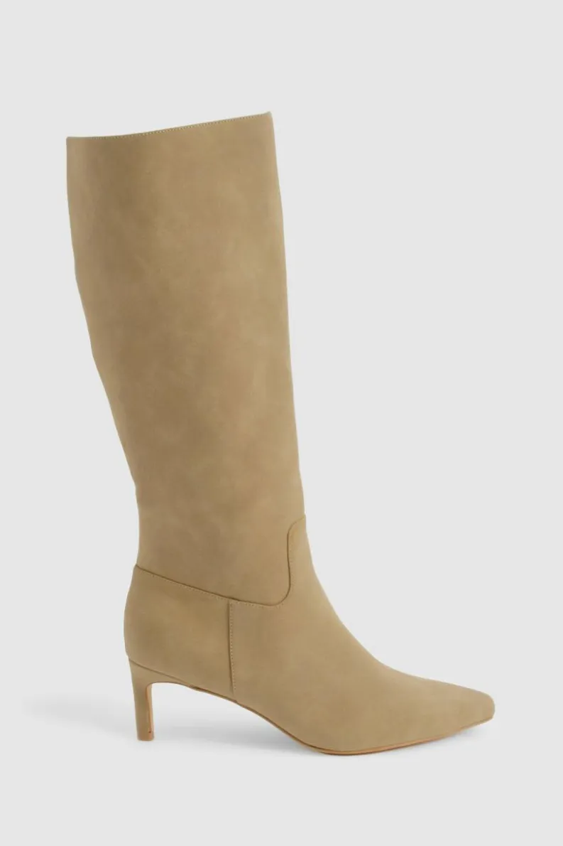 New boohoo Wide Fit Nubuck Knee High Low Heeled Boots taupe