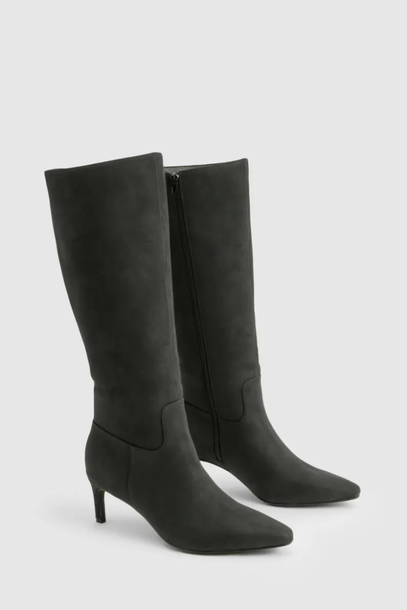 Best boohoo Wide Fit Nubuck Knee High Low Heeled Boots black