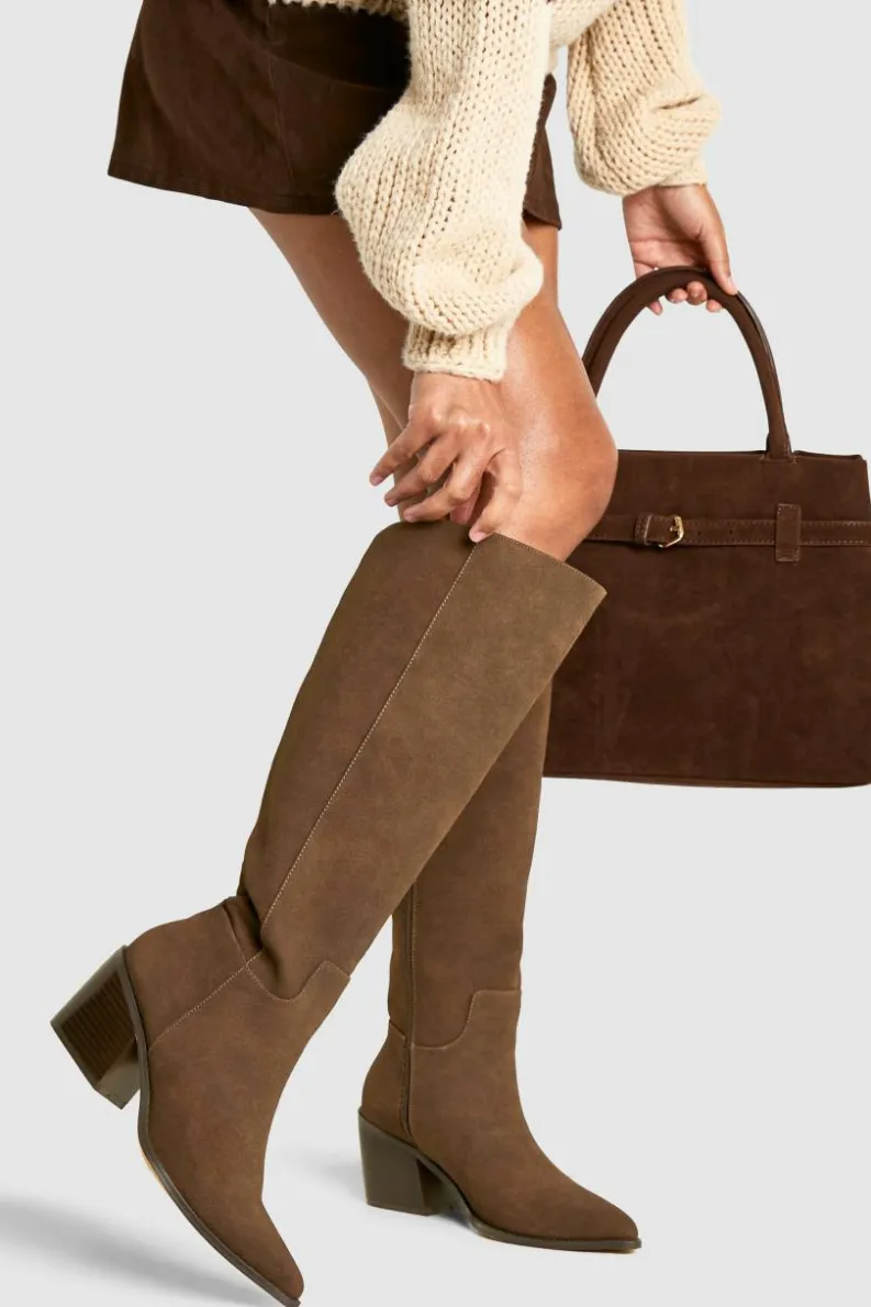 New boohoo Wide Fit Nubuck Western Cowboy Boots choc brown