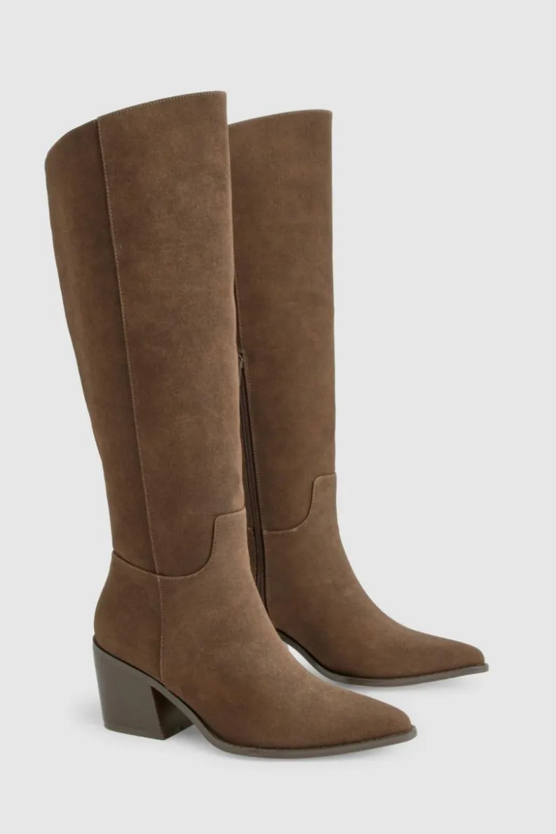 New boohoo Wide Fit Nubuck Western Cowboy Boots choc brown