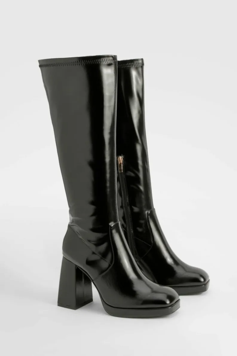 Store boohoo Wide Fit Platform Block Heel Knee High Boots black
