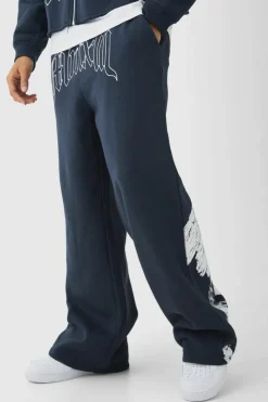 Online boohooMAN Wide Fit Renaissance Graphic Joggers slate blue